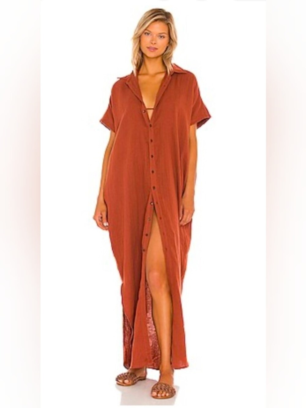 Acacia Oahu 100% Cotton Gauze Maxi Shirt Dress / Swim Coverup - Clove - Small